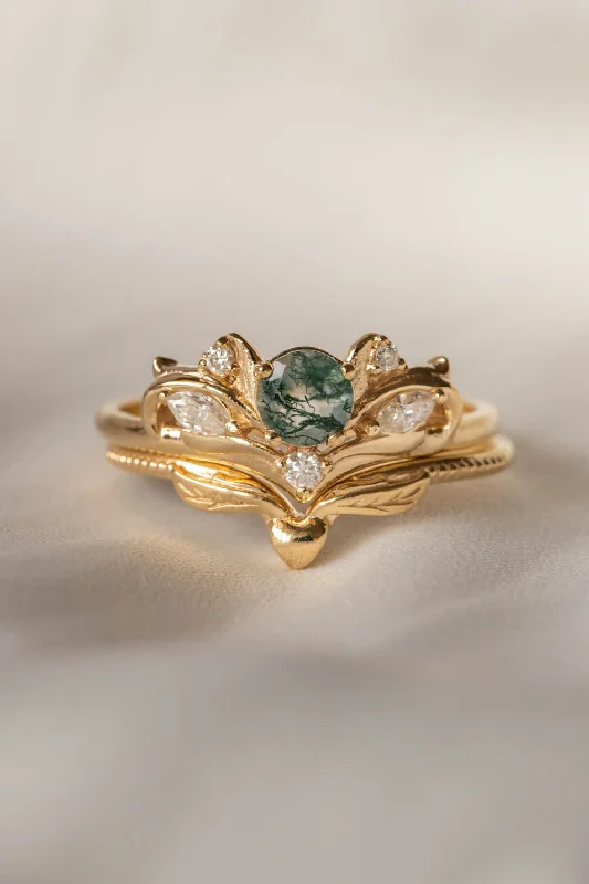 princess cut engagement rings for women -Bridal ring set with moss agate and diamonds / Swanlake