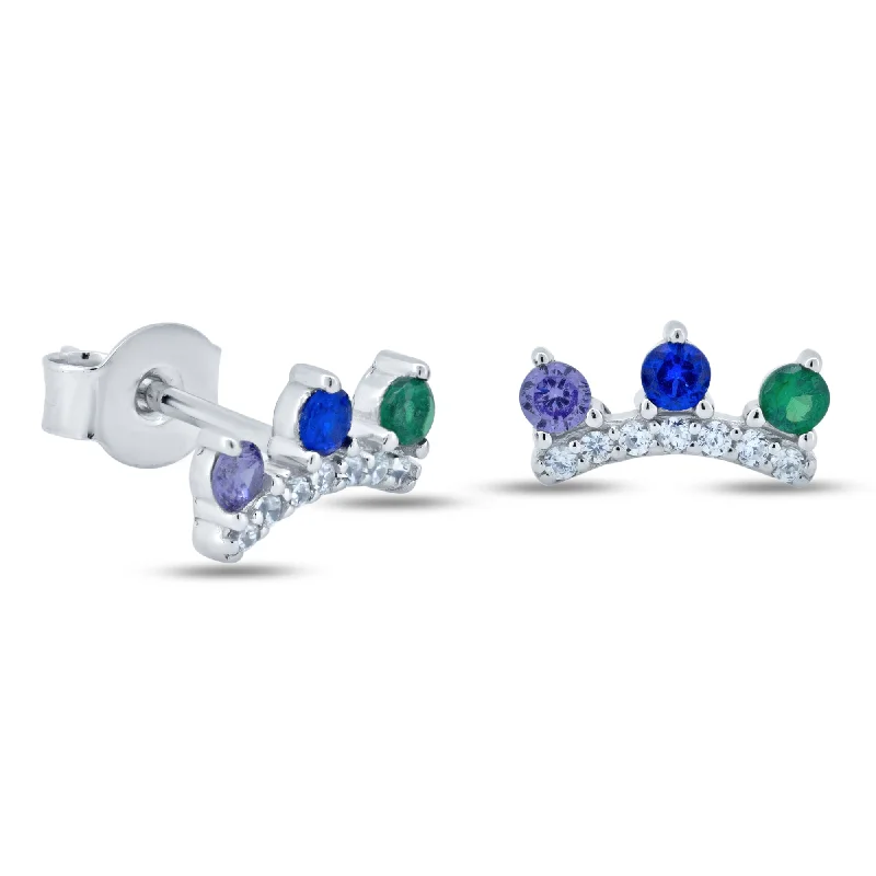 geometric earrings for women -Rhodium Plated 925 Sterling Silver Multi Color Crown CZ Stud Earrings - STE01363