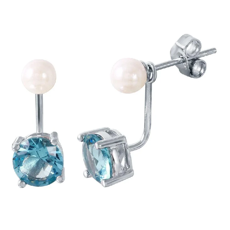 wedding earrings for women -Rhodium Plated 925 Sterling Silver Pearl Light Blue Front and Back Earrings - STE00990MAR