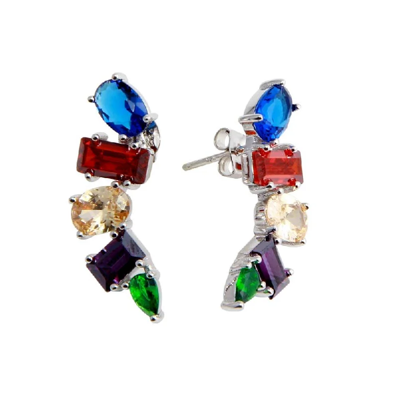 statement earrings for women -Rhodium Plated 925 Sterling Silver Multi-Colored and Multi-Shaped CZ Stone Earrings - BGE00612