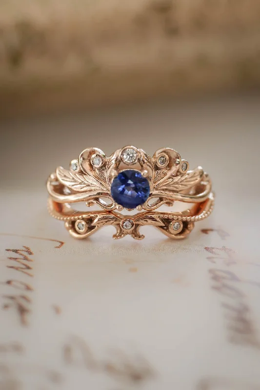 handcrafted engagement rings -Vintage style bridal ring set with blue sapphire / Damariss