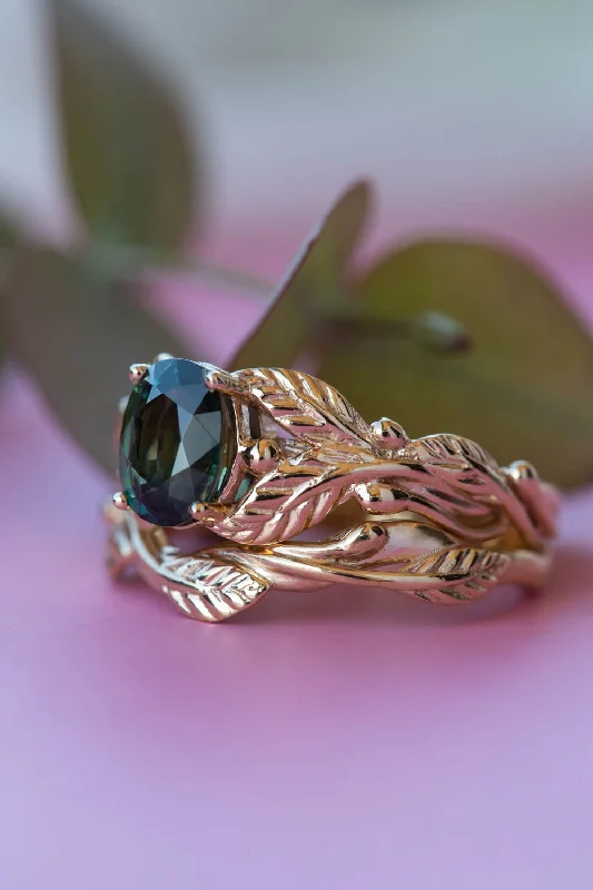 affordable custom engagement rings -Dark teal sapphire bridal ring set, nature inspired gold engagement ring set / Cornus