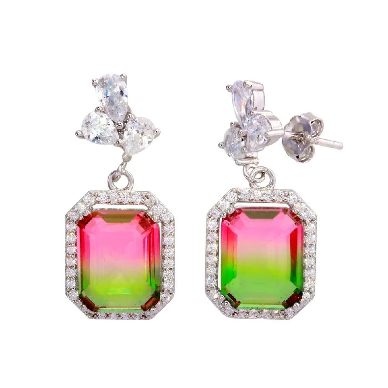 chunky earrings for women -Rhodium Plated 925 Sterling Silver Green Pink Gradient CZ Dangling Earrings - STE01206