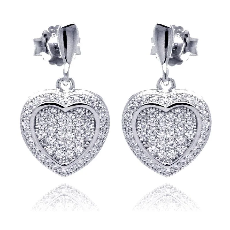 custom earrings for women -Silver 925 Rhodium Plated Micro Pave Heart Clear CZ Dangling Stud Earrings - ACE00042