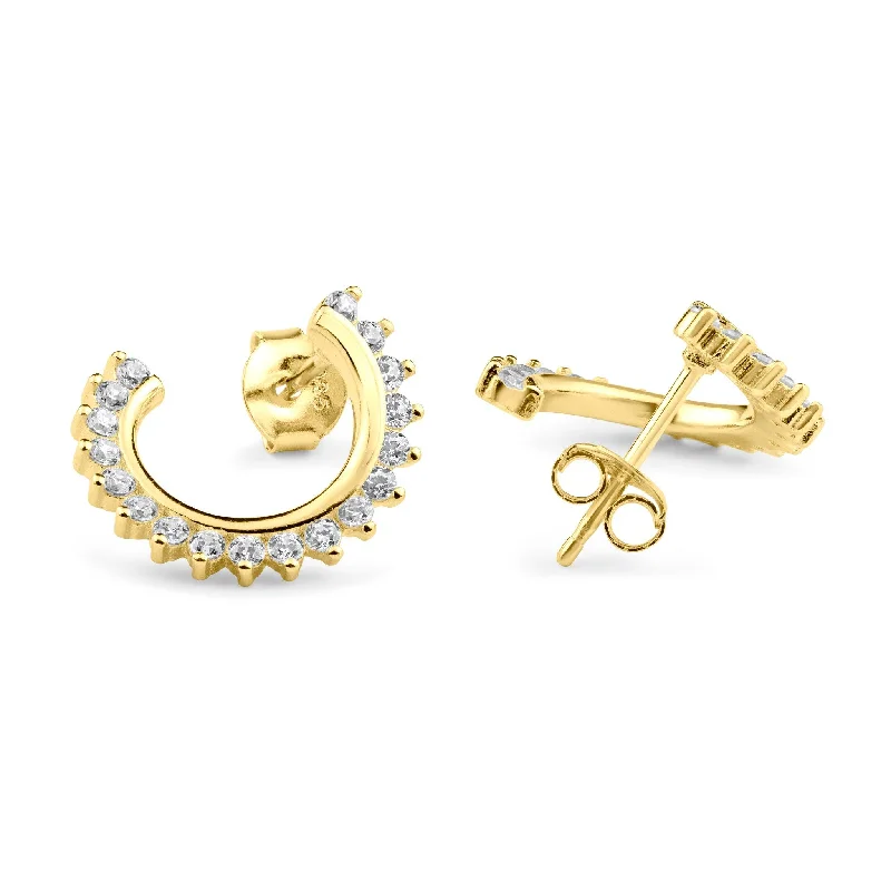 vintage-inspired earrings for women -Gold Plated 925 Sterling Silver Crescent Hoop Clear CZ Earring - BGE00681