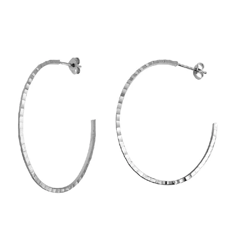 chunky earrings for women -Rhodium Plated 925 Sterling Silver Diamond Cut Semi Hoop Earrings 50mm - ECE00033RH