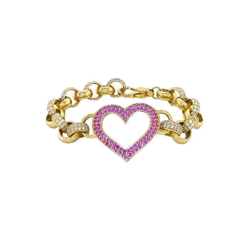 9K Yellow Gold Pink & White CZ Heart Bracelet