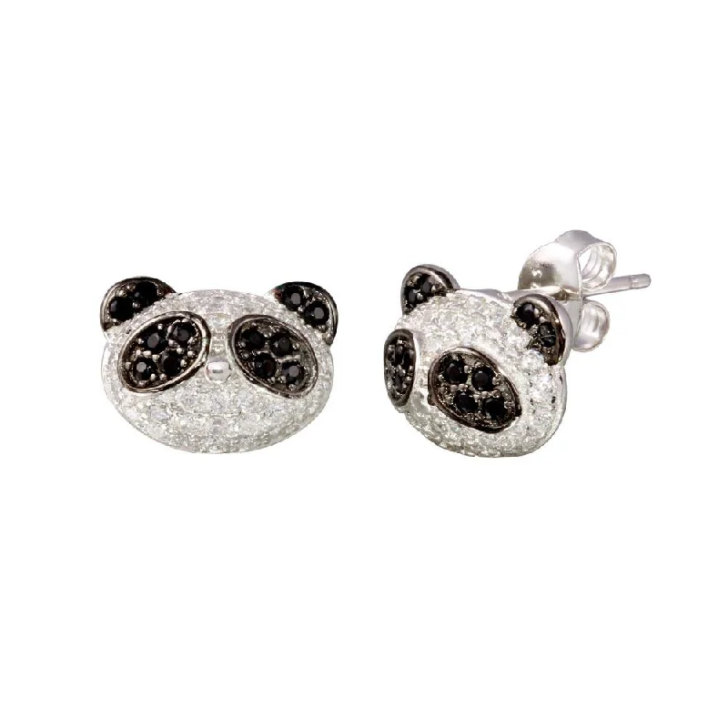 unique earrings for women -Rhodium Plated 925 Sterling Silver  CZ Encrusted Panda Stud Earrings -BGE00630