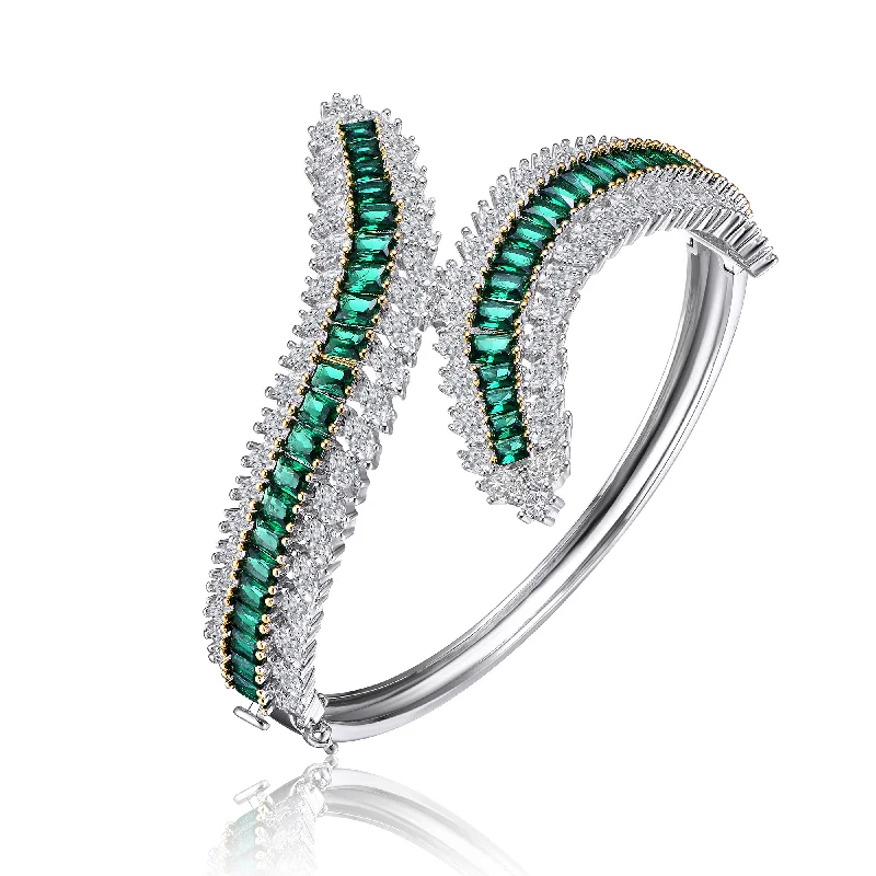 Ga Sterling Silver Rhodium Plated With Emerald Cubic Zirconia Bangle Bracelet