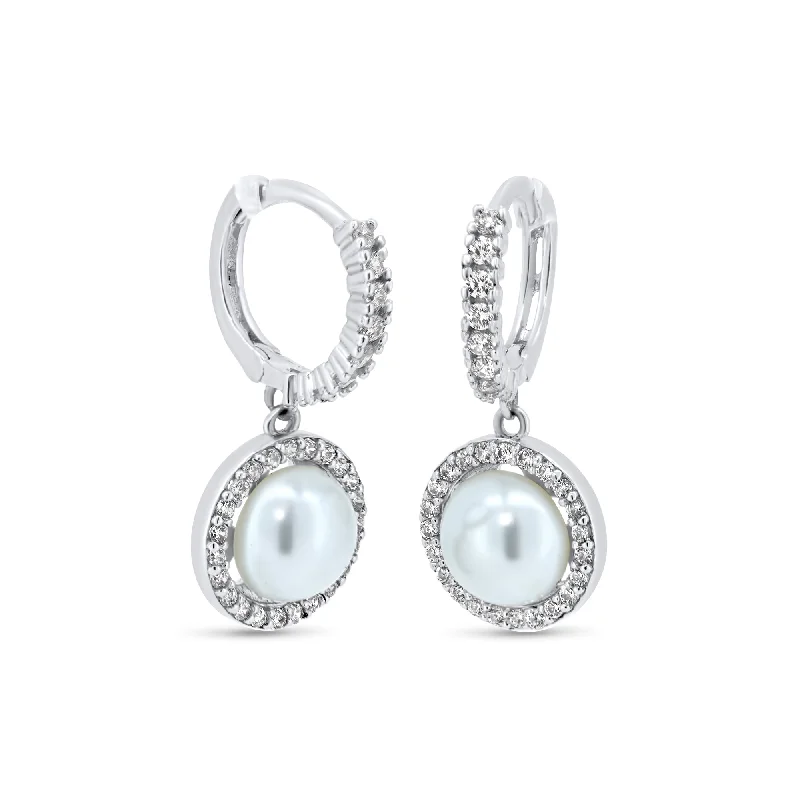 gemstone earrings for women -Rhodium Plated 925 Sterling Silver CZ Mother of Pearl 11.2mm Hoop Earrings - GME00144