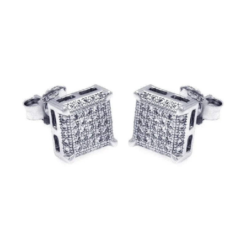 intricate design earrings for women -Silver 925 Rhodium Plated Micro Pave Clear Square CZ Stud Earrings - ACE00045