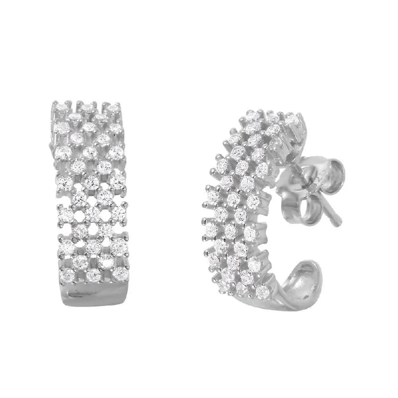 mixed metal earrings for women -Silver 925 Rhodium Plated Checkered CZ Semi-huggie hoop Earrings - ACE00082RH