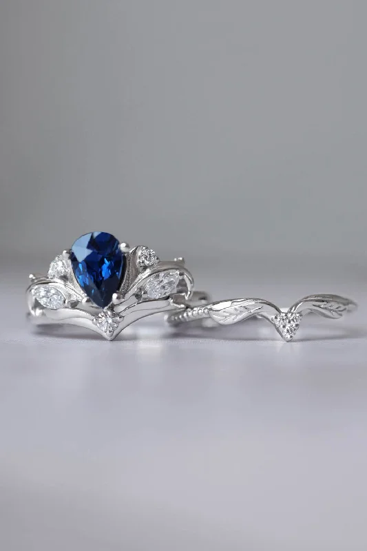 large diamond engagement rings -Blue sapphire leaf engagement rings, bridal ring set / Swanlake