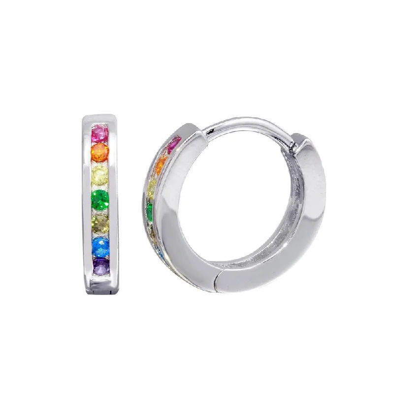 women’s crystal stud earrings -Rhodium Plated 925 Sterling Silver Rainbow Multi CZ huggie hoop Earrings 13.1mm - STE01209