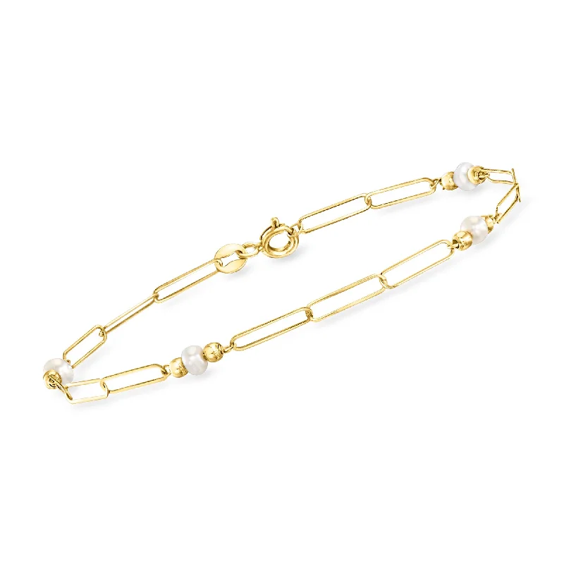 Canaria Italian 3-3.5mm Cultured Pearl Paper Clip Link Bracelet in 10kt Yellow Gold