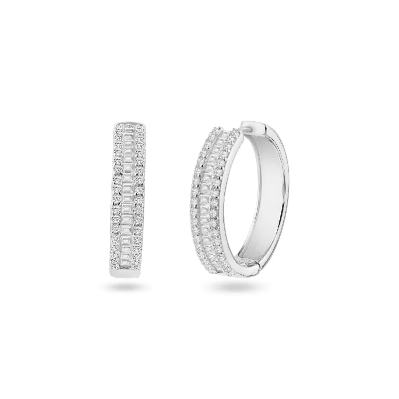 fashion earrings for women -Rhodium Plated 925 Sterling Silver Pave Huggie Hoop Earring 26mm - STE01337