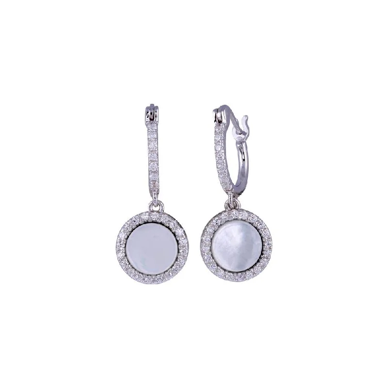 geometric earrings for women -Rhodium Plated 925 Sterling Silver Dangling CZ Disc with Mother of Pearl huggie hoop Earring -BGE00675