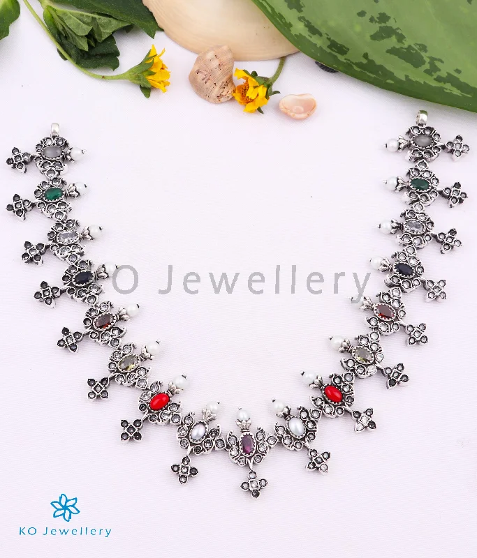 chunky necklaces for women -The Tattva Silver Navratna Necklace (Oxidised)