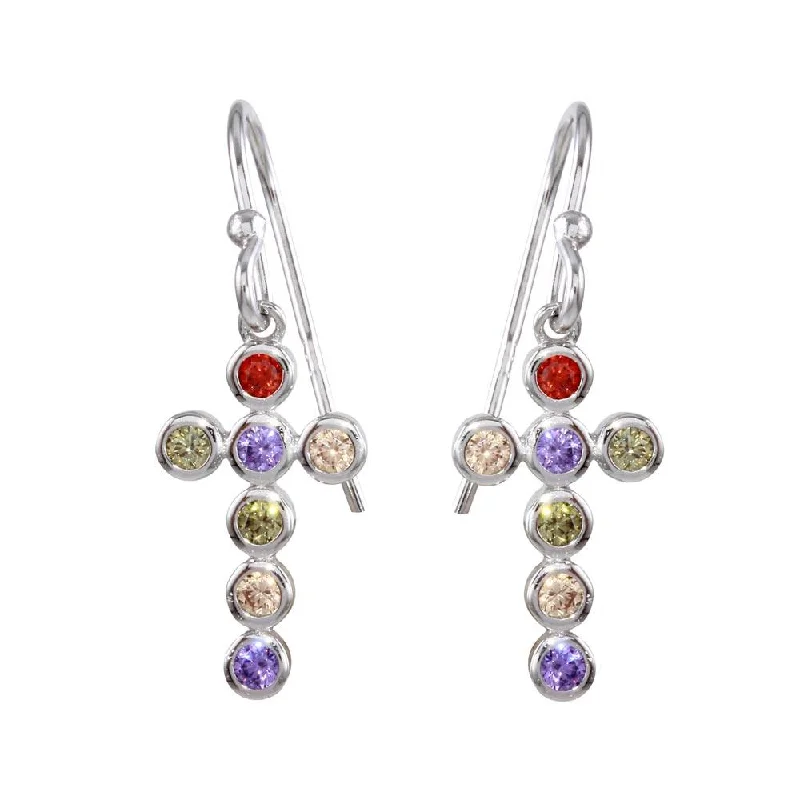 statement gold earrings for women -Rhodium Plated 925 Sterling Silver Multi-Colored CZ Cross Earrings - STE01137