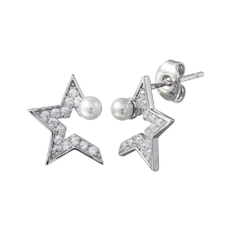 trendy earrings for women -Rhodium Plated 925 Sterling Silver CZ Half Star Pearl Stud Earrings - STE01200