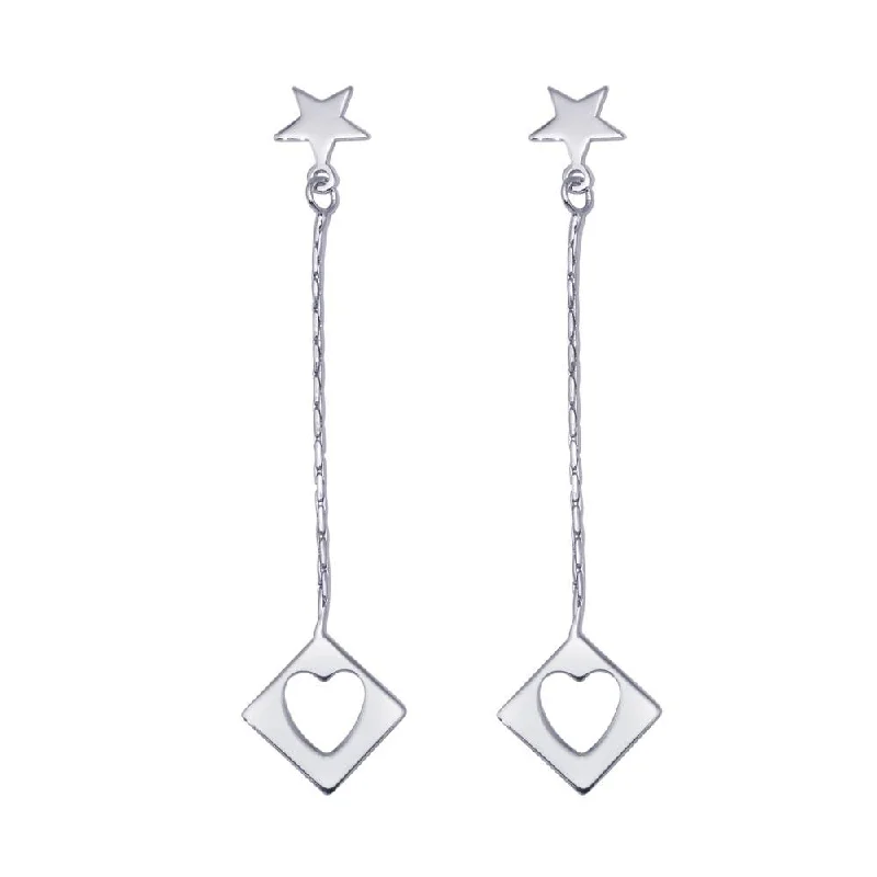 sparkling hoop earrings for women -Silver 925 Rhodium Plated Wired Dangling Square Open Heart Stud Earrings - DSE00028