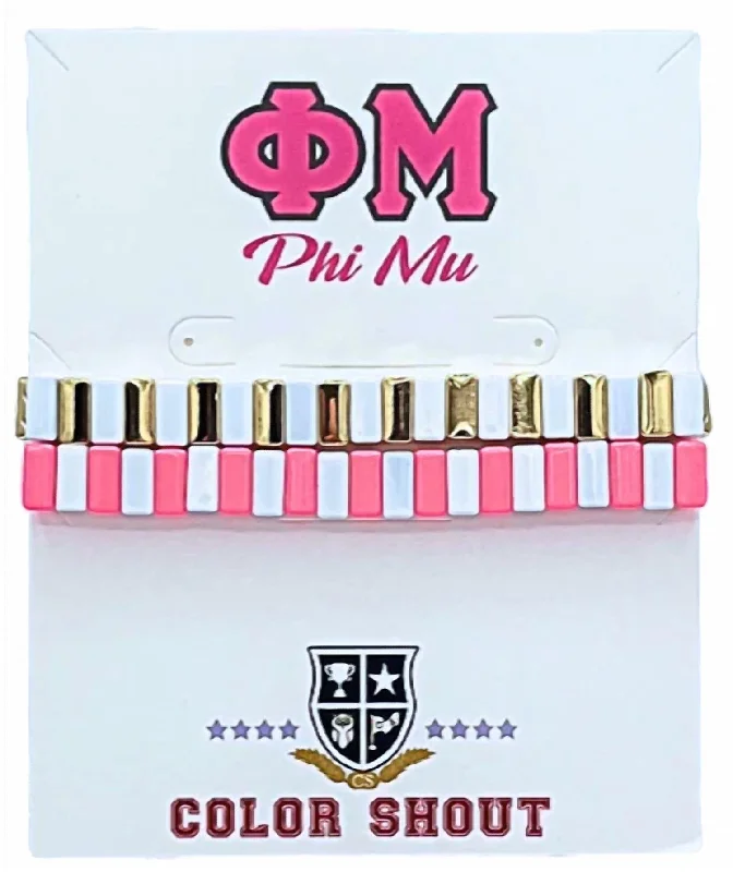 Unisex - Phi Mu Enamel Tile Double Stack Bracelet In Hot Pink/gold/white