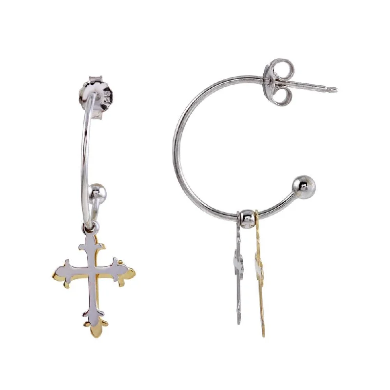 vintage-inspired earrings for women -Two-Tone 925 Sterling Silver Semi-Hoop Cross Earrings - SOE00004