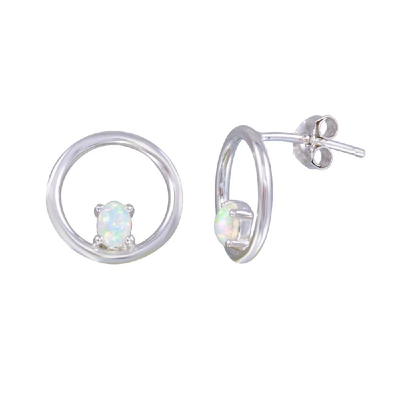 bold earrings for women -Rhodium Plated 925 Sterling Silver Open Circle Synthetic Opal Earrings - STE01186