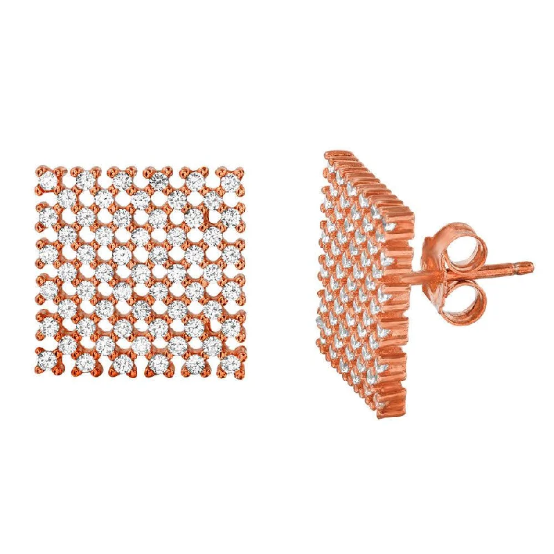 silver hoop earrings for women -Silver 925 Rose Gold Plated Large Checkered CZ Stud Earrings - ACE00080RGP