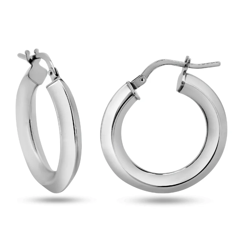 custom earrings for women -Rhodium Plated 925 Sterling Silver Chisel Design Hoop Earrings - ARE00039RH