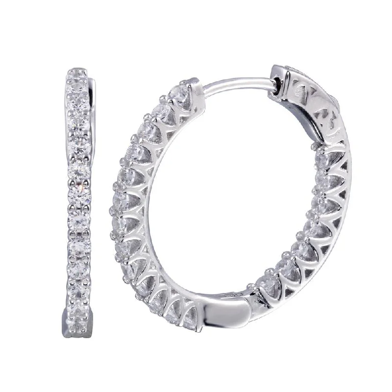 wedding earrings for women -Rhodium Plated 925 Sterling Silver Inside Out CZ Hoop Vault Lock Earring 25mm - STE01242