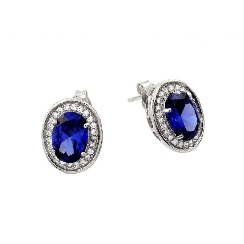 rose gold earrings for women -Silver 925 Rhodium Plated Round Blue CZ Stud Earrings - STE00940