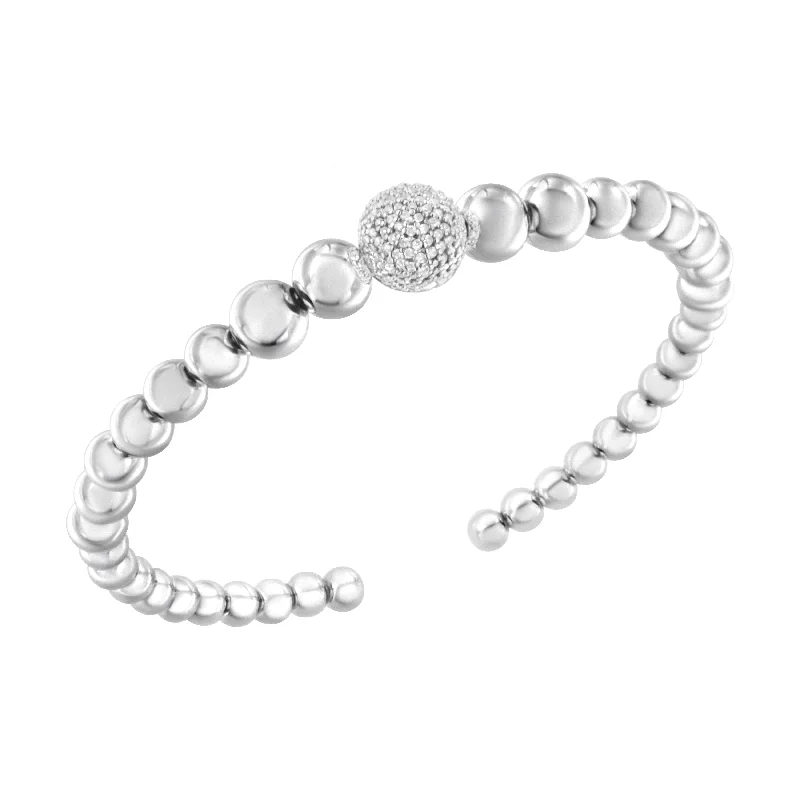 .925 Sterling Silver 1/6 Cttw Diamond Rondelle Graduated Ball Bead Cuff Bangle Bracelet