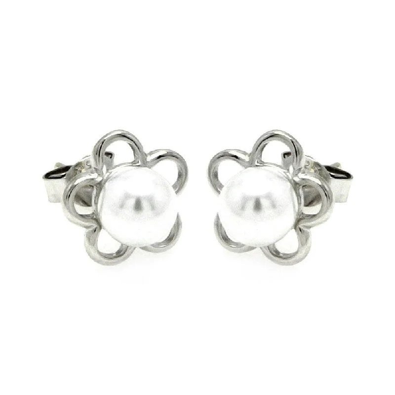 glamorous earrings for women -Silver 925 Rhodium Plated Open Star Pearl Stud Earrings - STE00894