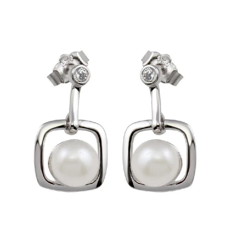 women’s designer earrings -Rhodium Plated 925 Sterling Silver Dangling Square Earrings with Synthetic Pearl and CZ - BGE00583