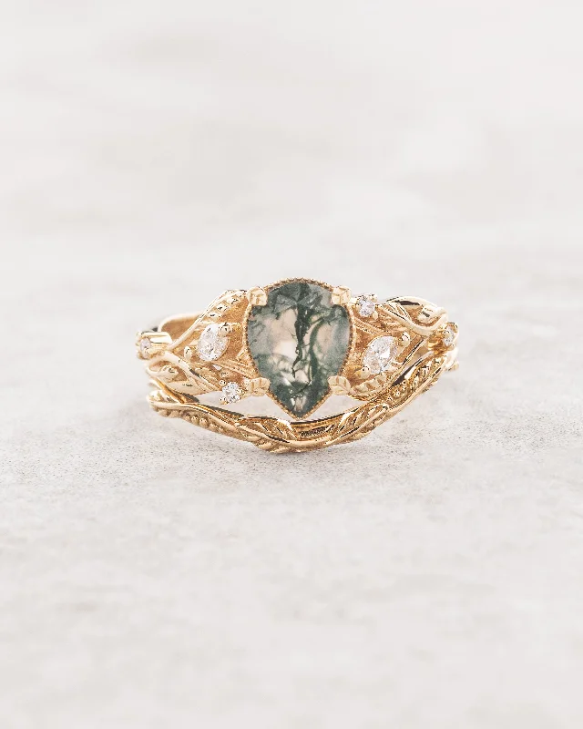 diamond engagement rings for women -Moss agate and marquise diamonds engagement ring set, gold branch ring with diamonds / Patricia