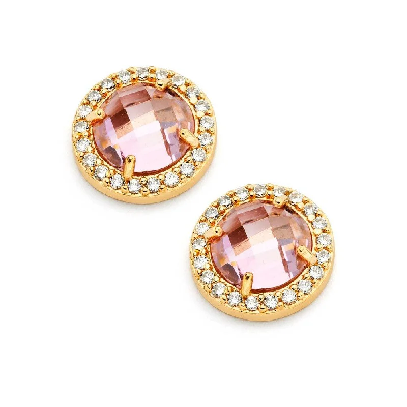 rose gold earrings for women -Silver 925 Gold Plated Pink Center Clear Outline CZ Stud Earrings - BGE00360PK