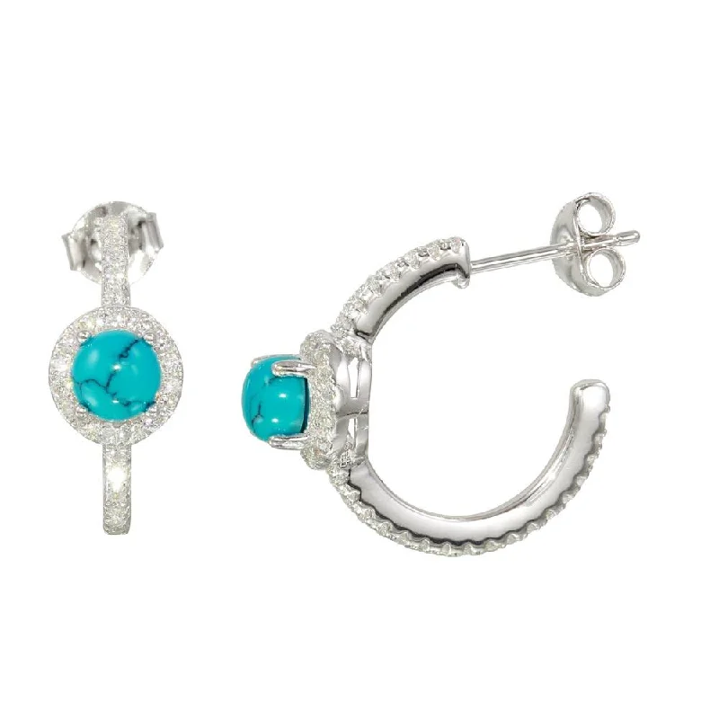 crystal earrings for women -Rhodium Plated  925 Sterling Silver Semi-Hoop CZ Earrings with CZ and Aqua Stone - BGE00569AQ