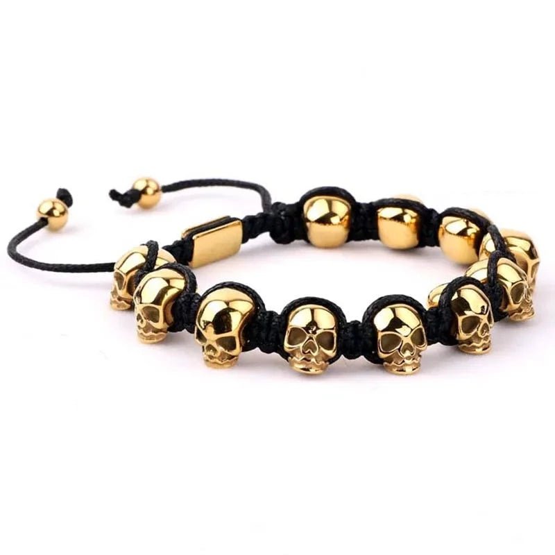 Unisex Skull Beads Gothic Bracelet with Braided Wrap