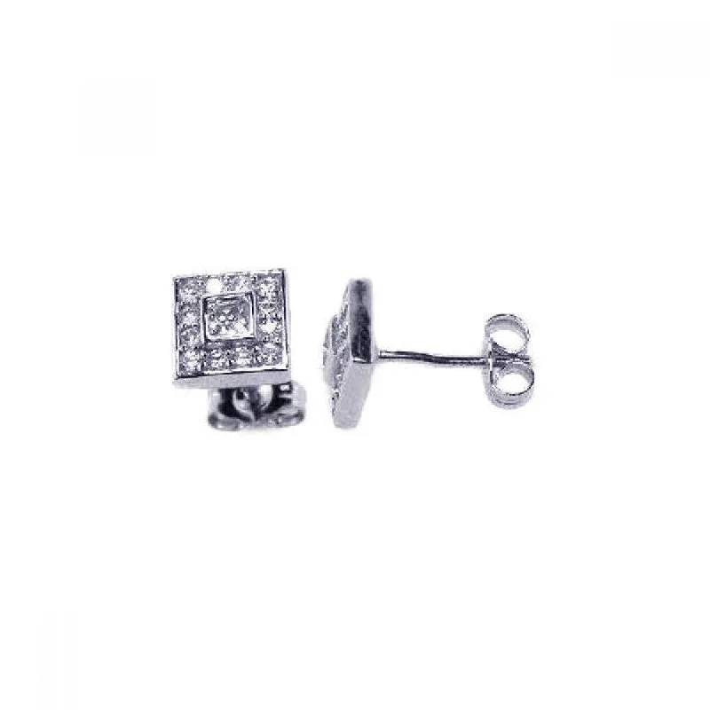 elegant earrings for women -Silver 925 Rhodium Plated Micro Pave Clear Square CZ Stud Post Earrings - ACE00018