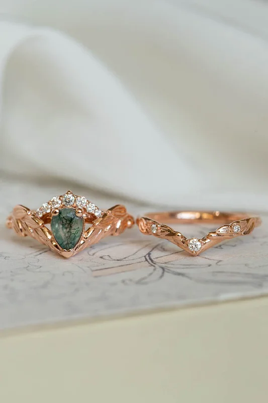 unique engagement rings for women -Diamond crown engagement ring set with natural moss agate / Palmira Crown