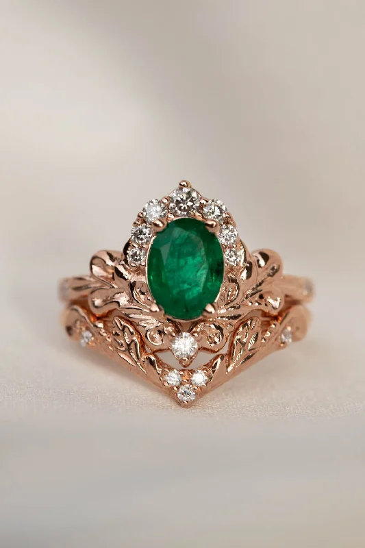 silver engagement rings for women -Natural emerald and diamonds bridal ring set, baroque inspired rose gold engagement ring set / Sophie