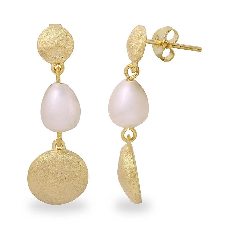 drop earrings for women -Silver 925 Gold Plated Disc with Hanging Fresh Water Pearl Earrings - BGE00484