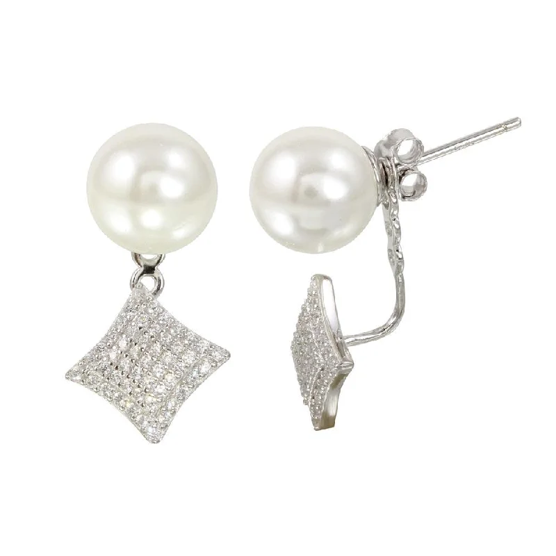 sparkling earrings for women -Rhodium Plated 925 Sterling Silver Synthetic Pearl and Diamond-Shaped Front and Back Earrings with CZ - BGE00568