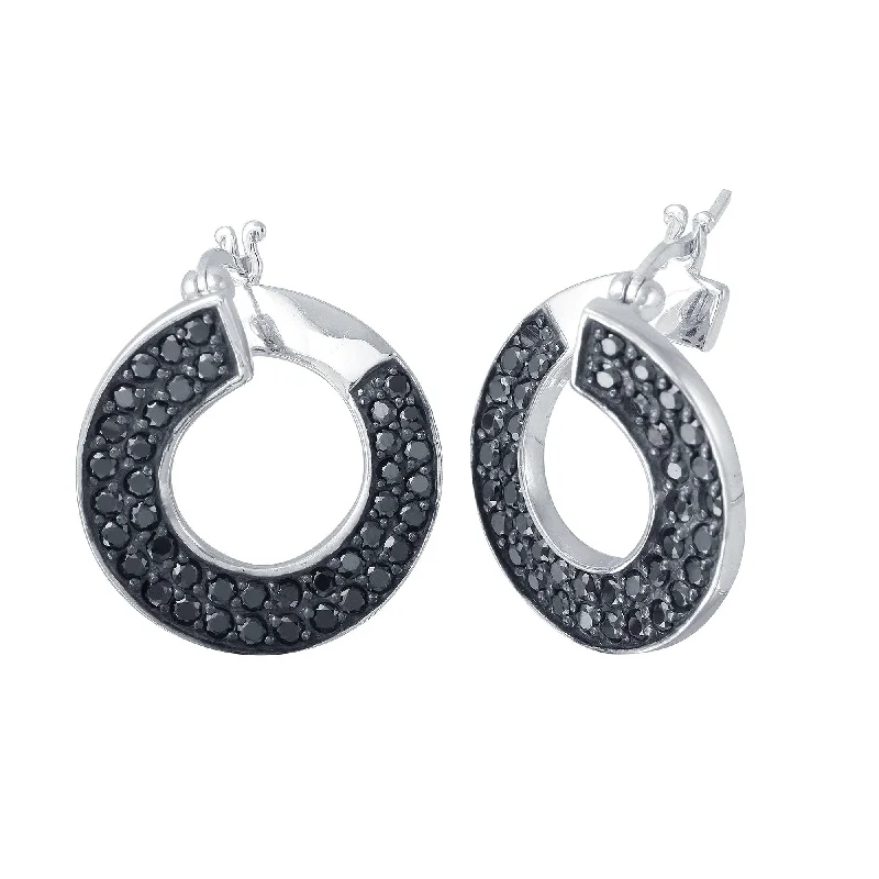 handmade gemstone earrings -Clearance-Rhodium Plated 925 Sterling Silver Twirl Round Ramp Black CZ Hoop Earrings - STE00552