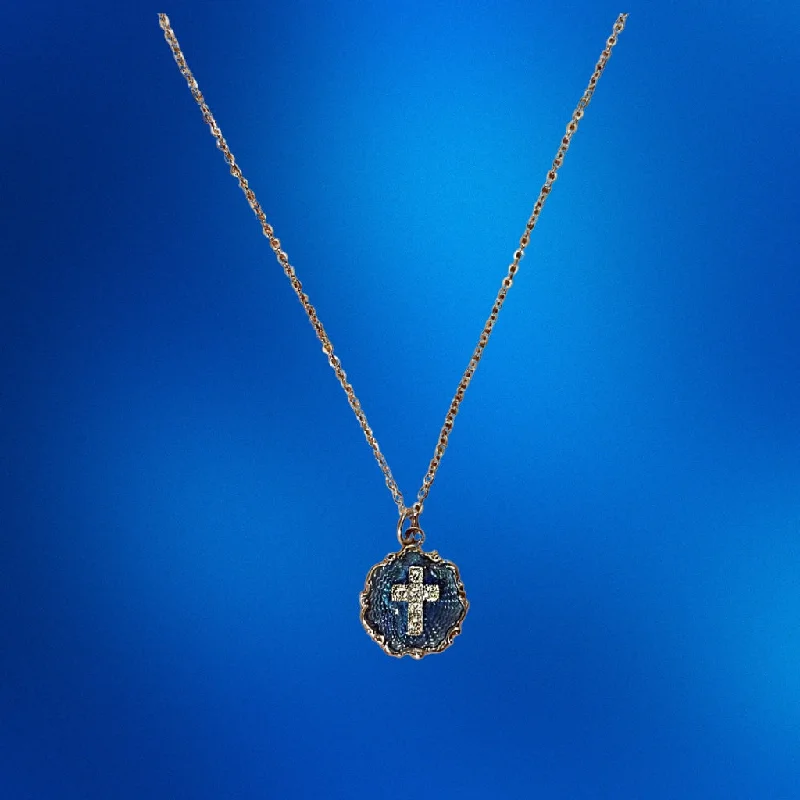 handcrafted necklaces for women -Cross on Blue Enamel Necklace