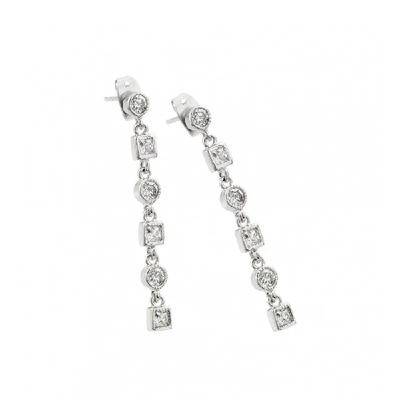 women’s bridal hoop earrings -Silver 925 Rhodium Plated Round and Square Clear CZ Dangling Stud Earrings - BGE00416