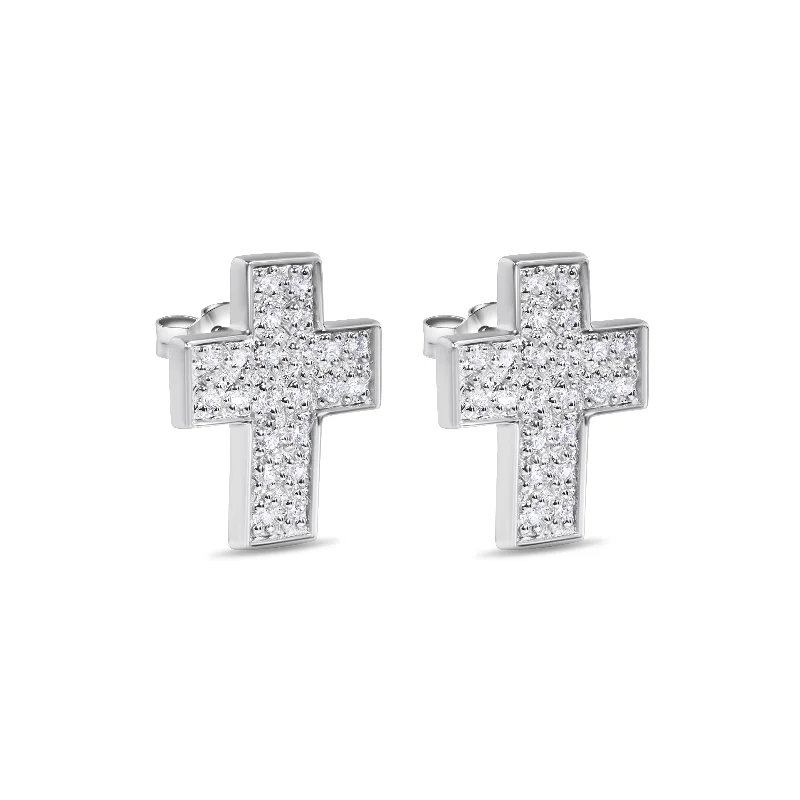 personalized stud earrings for women -Silver 925 Rhodium Plated Cross Micro Pave Clear CZ Stud Earrings - STEM018