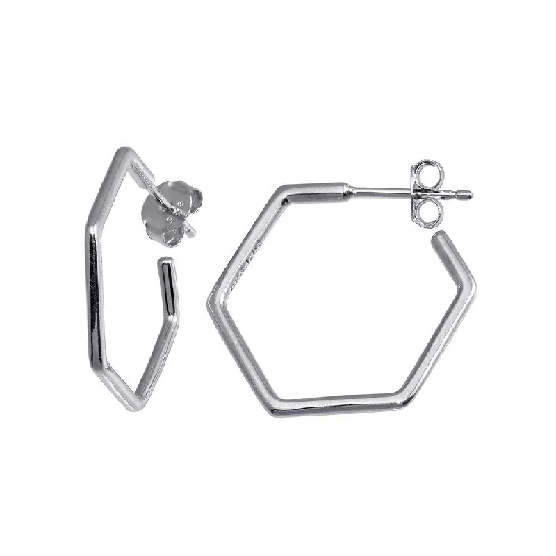 women’s diamond stud earrings -Rhodium Plated 925 Sterling Silver Large Hexagon Semi Hoop Earring - STE01229