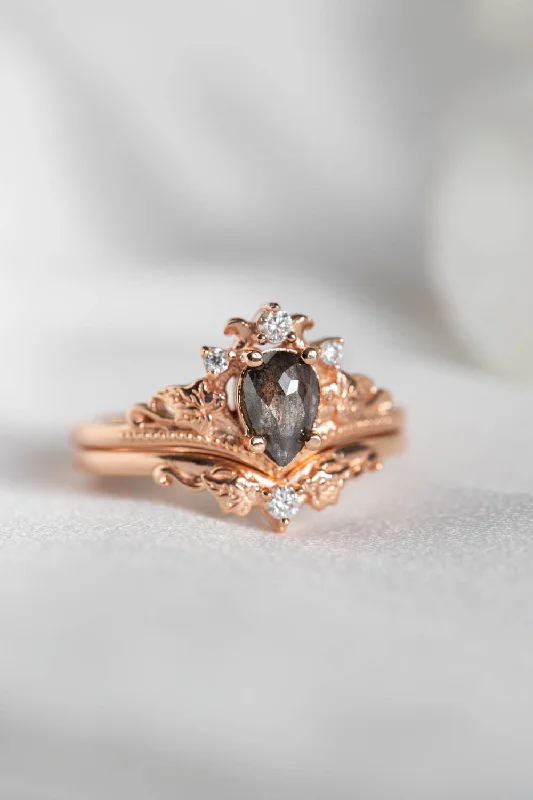 custom gold engagement rings -Rose cut salt and pepper diamond bridal ring set, nature inspired rose gold engagement and wedding rings / Ariadne